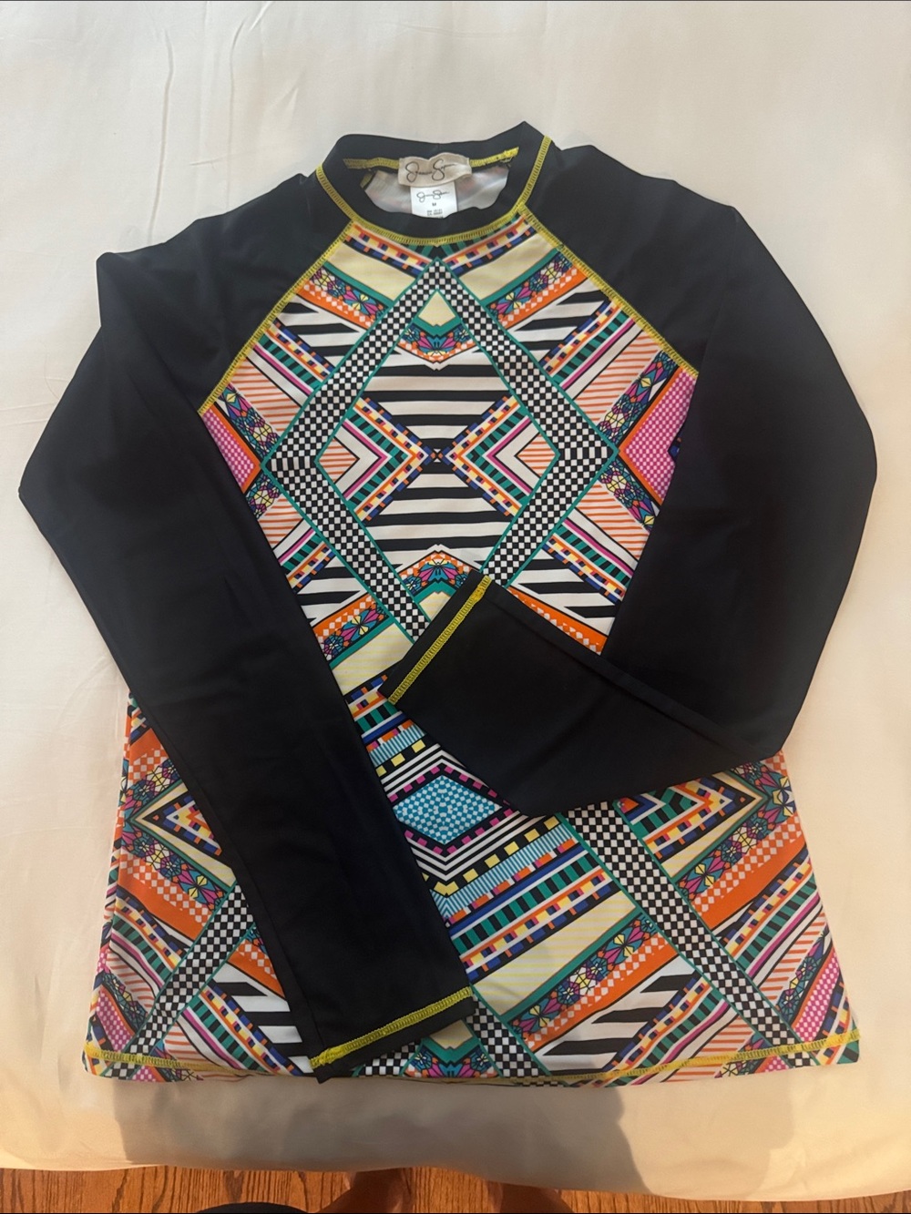 Jessica Simpson Black Rash Guard Top with Multicolor Geo Print